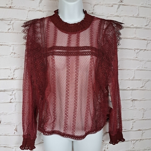Zara‎ Burgundy Sheer Lace Top - Picture 3 of 10